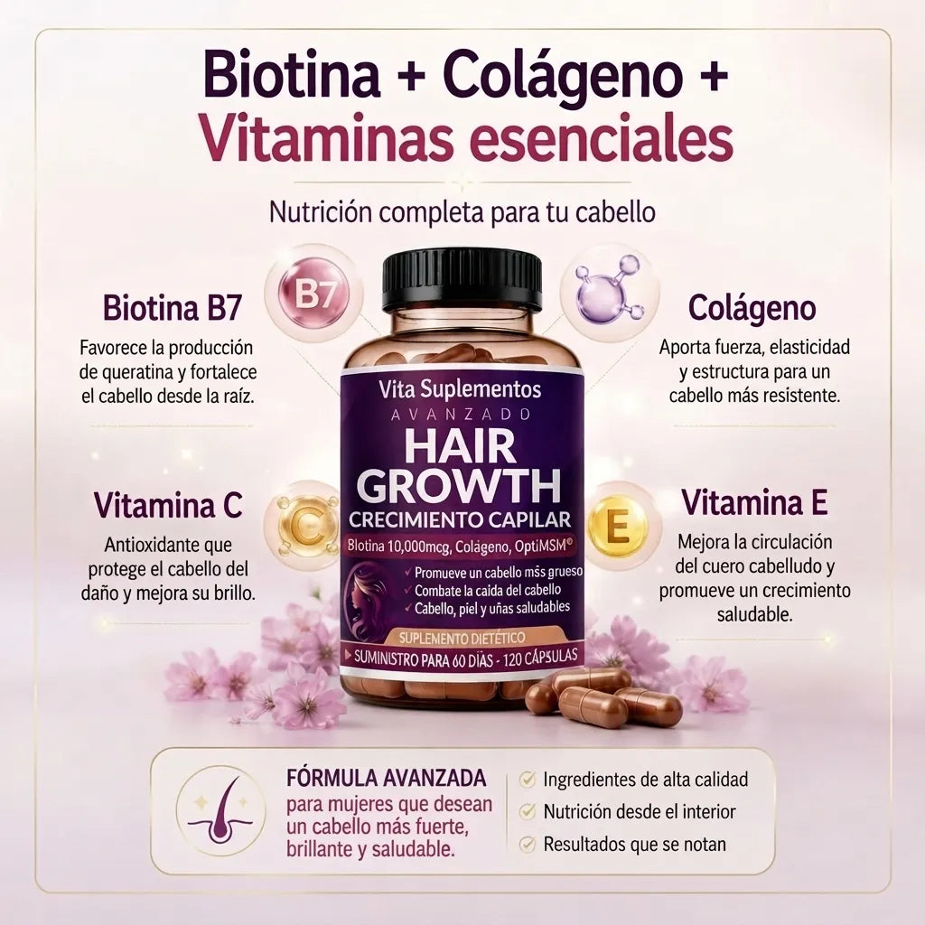Vita Suplementos Hair Growth — Cabello Más Fuerte Desde Adentro | 120 Cápsulas